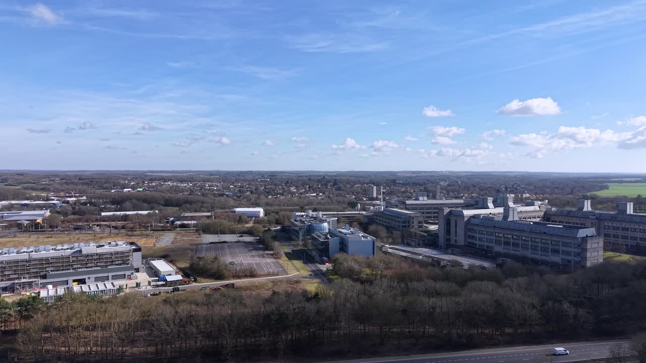 Glaxosmithkline, Stevenage aerial view across biotechnology laboratory facility in UK countryside
