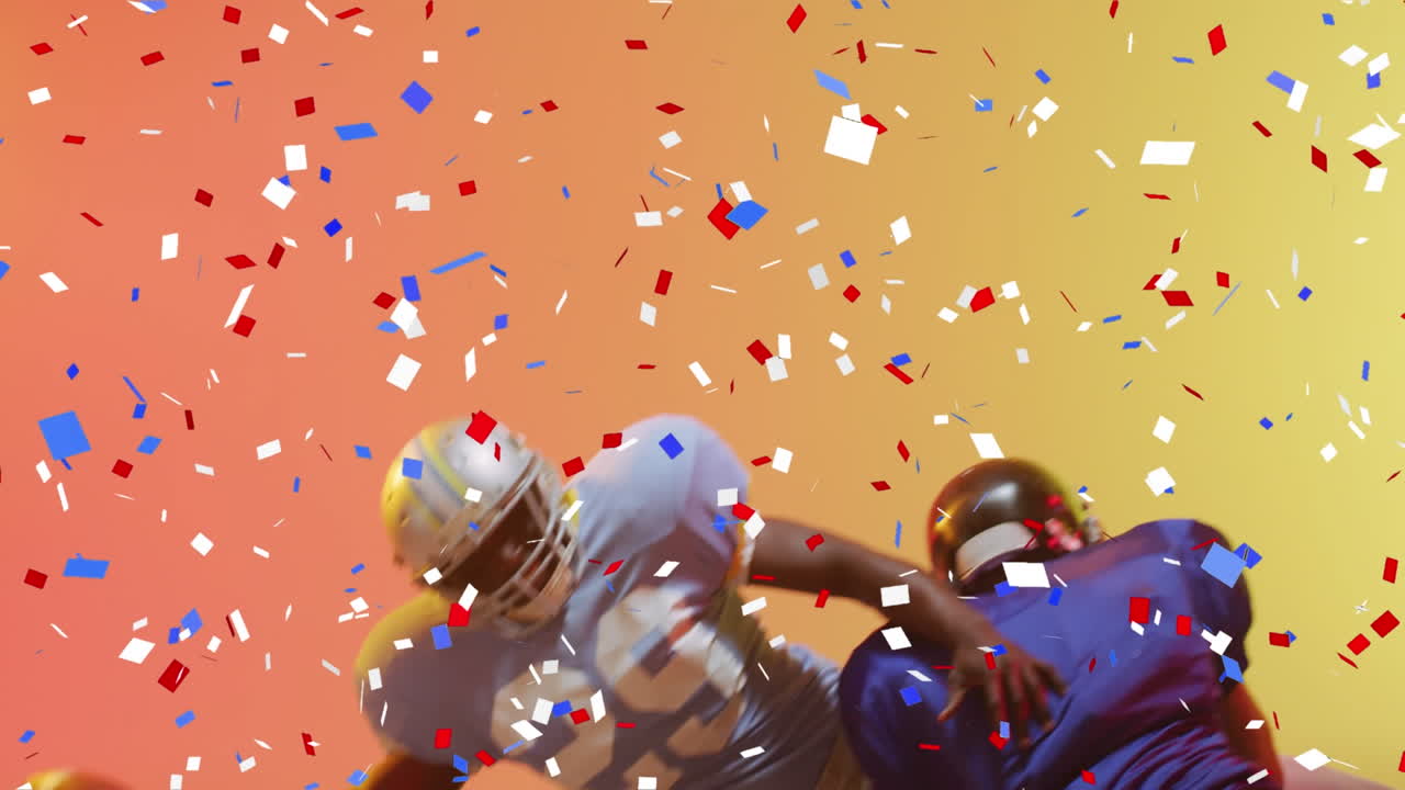 animación de confeti cayendo sobre un jugador de fútbol americano con fondo de neón