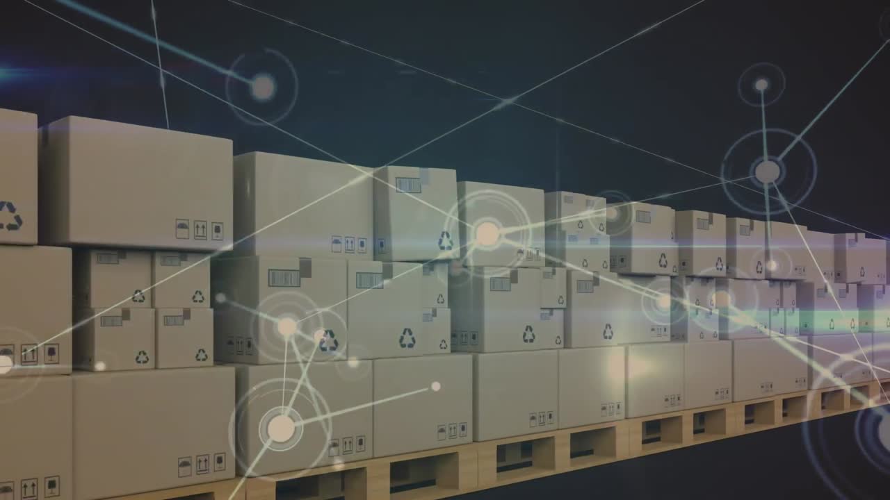 animación de la red de conexiones sobre cajas en cintas transportadoras en el almacén
