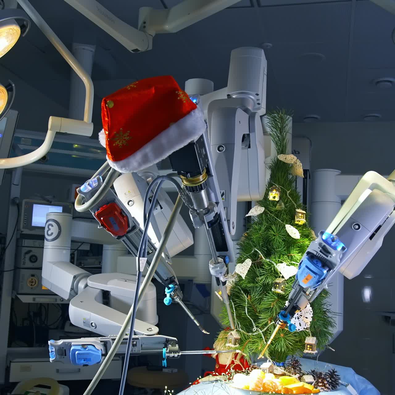 New Year tree in the robotic arms of Da Vinci surgical system. Showing of the possibilities to provide tiny work with the help of robot. Christmas tree and garlands on the operating table