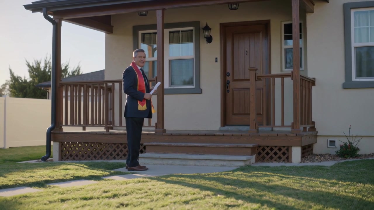 Walking senior in suit with bright sash approaching porch, holding scroll and bouquet to deliver