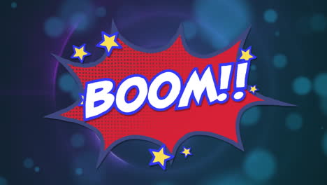 animación de texto de boom sobre burbuja de habla retro en fondo azul.