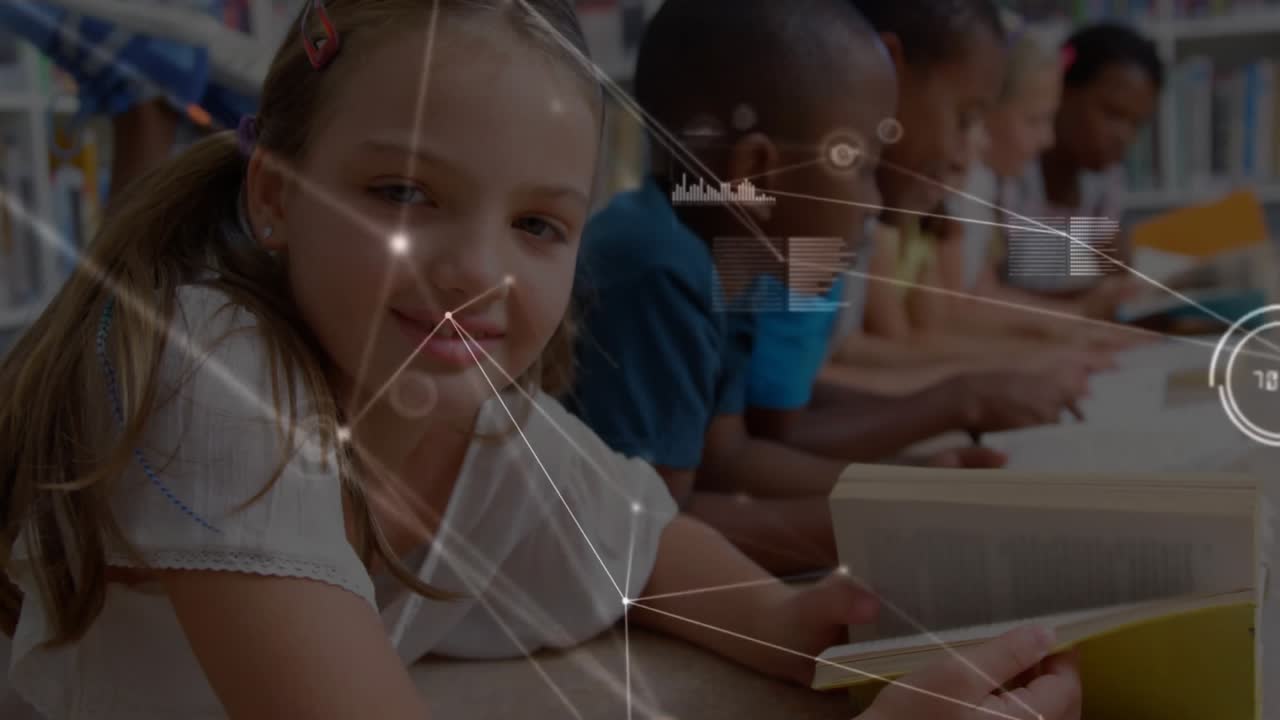 Camera panning across students reading at library while network graphics overlay showing education