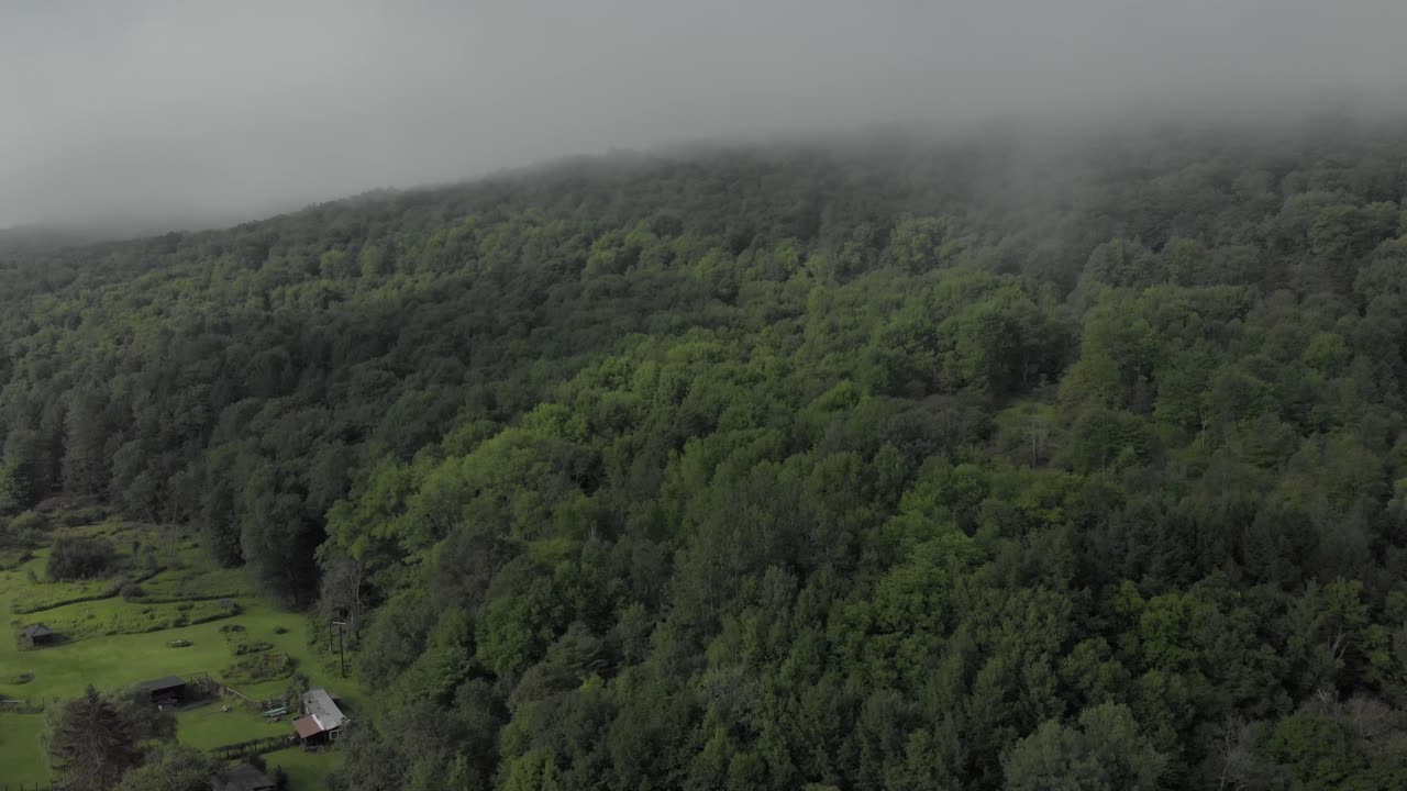 아침에 뉴욕 주의 캐츠킬 산에서 멋진 낮은 구름 위로 드론이 떠오릅니다.