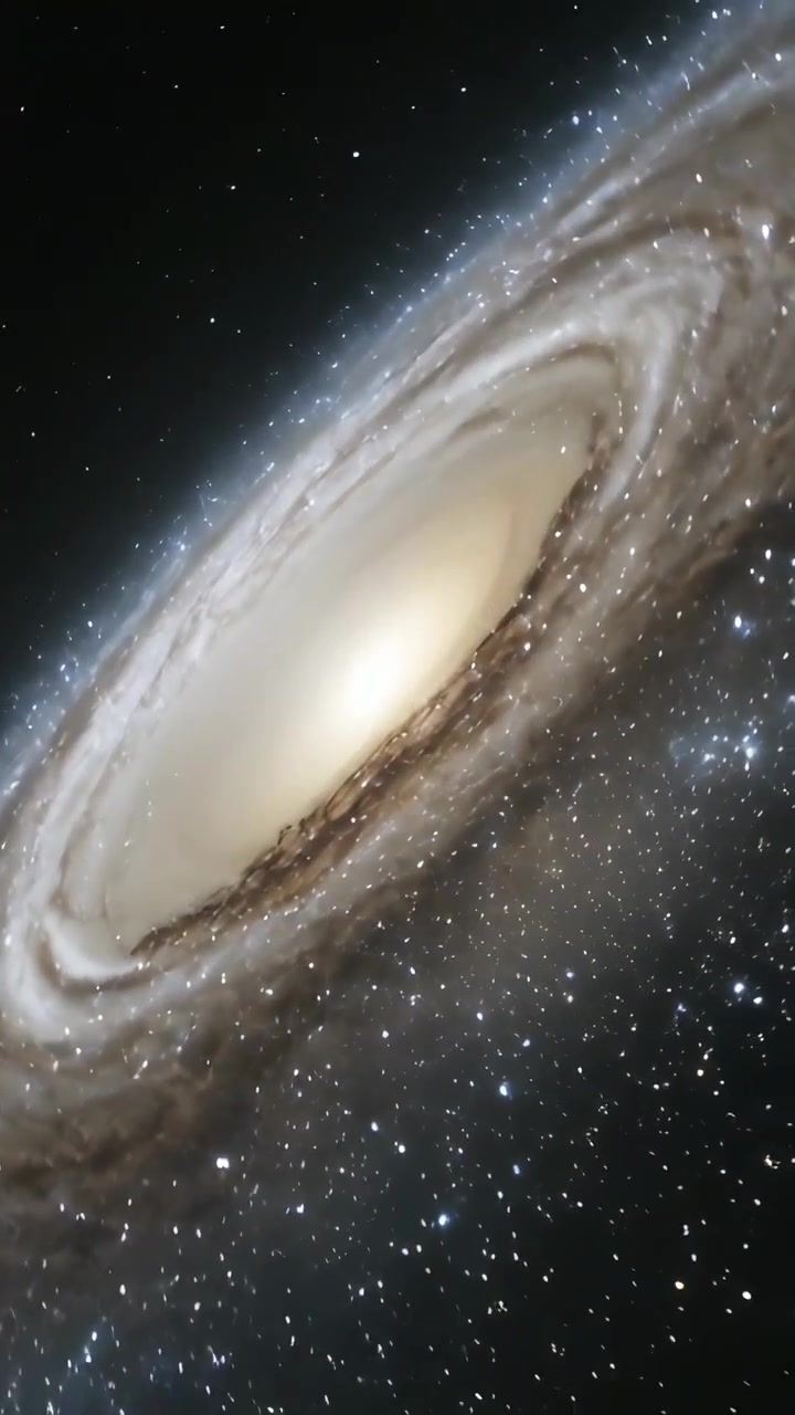 Video verticale: Passando una banda luminosa, la telecamera ruota e zooma verso il nucleo di una galassia a spirale nello spazio.