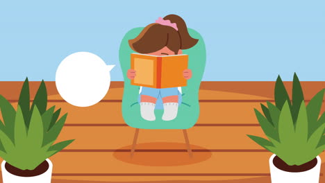 niña estudiante leyendo un libro sentada en una silla