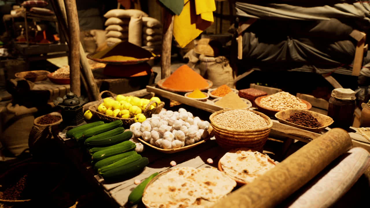 Vibrant display of spices and produce at an old national african market