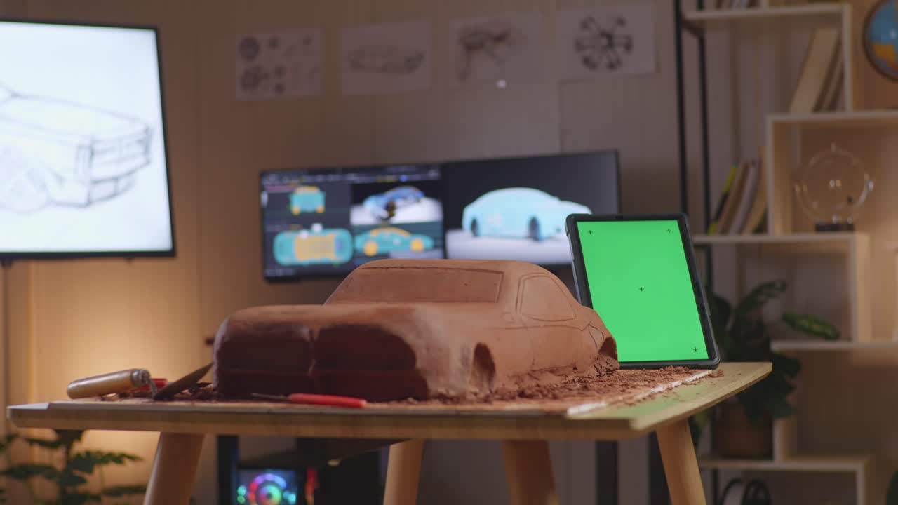 la escultura de arcilla de coche al lado de la tableta de pantalla verde está en la mesa en el estudio con televisión y computadoras mostrar modelo de coche eléctrico 3d