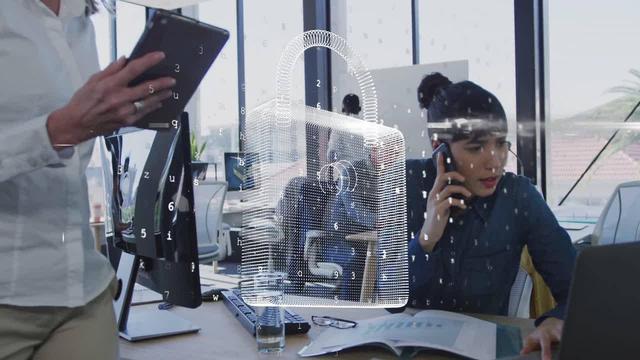 데이터 프로세싱의 애니메이션과 사무실에서 다양한 비즈니스 사람들의  ⁇ 락