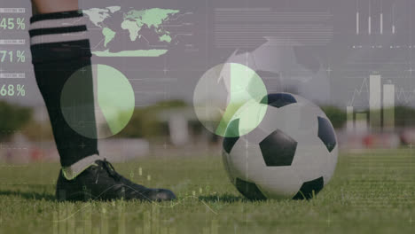 animation of financial data processing over caucasian football player with ball on pitch