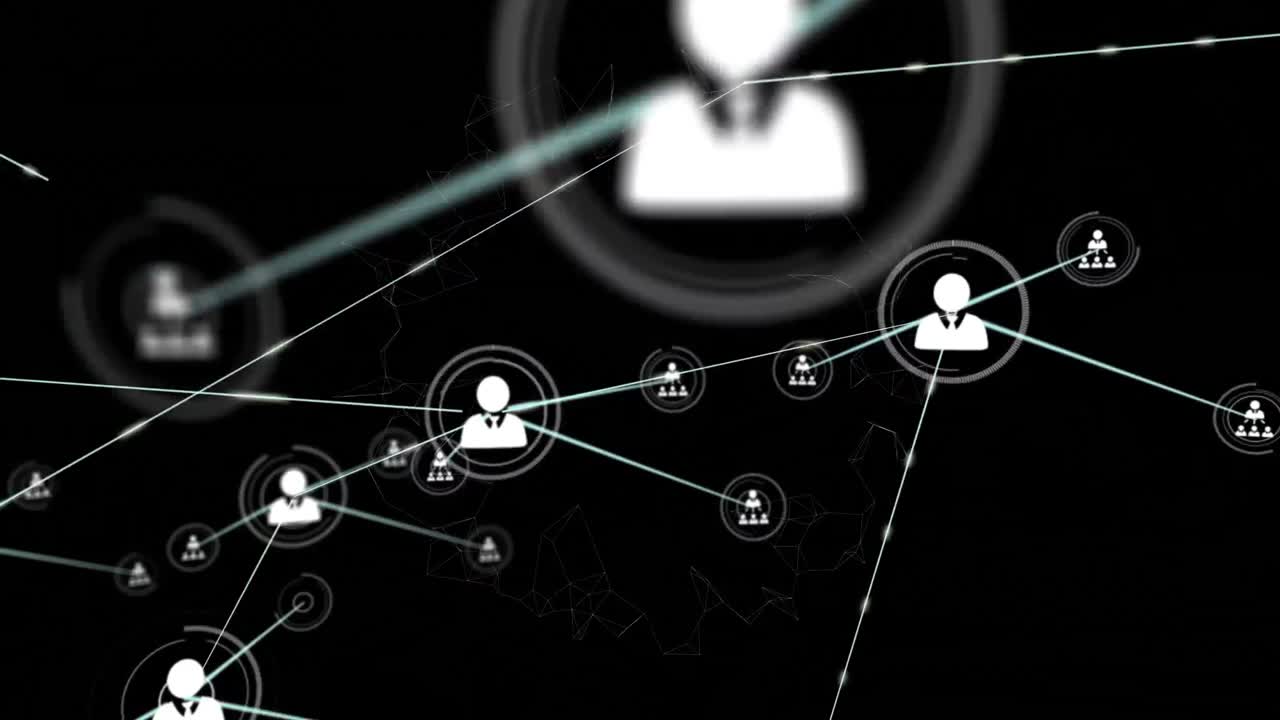 animación de la red de conexiones con iconos en fondo negro