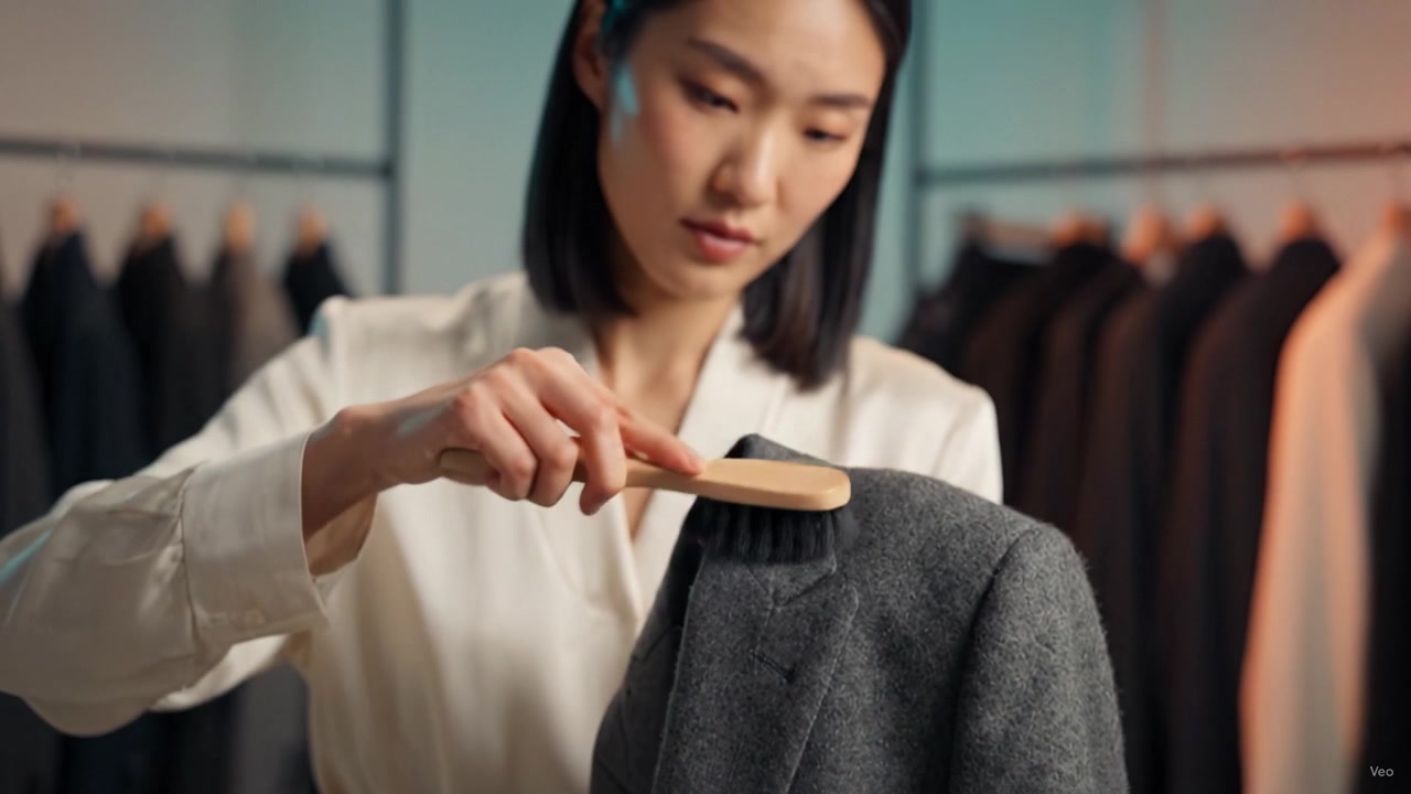 手入れの芸術：仕立てられたコレクションルームで、女性が丁寧にスーツをブラッシングし整理している様子。ファッションメンテナンスにおける細部へのこだわりとスタイルを強調。