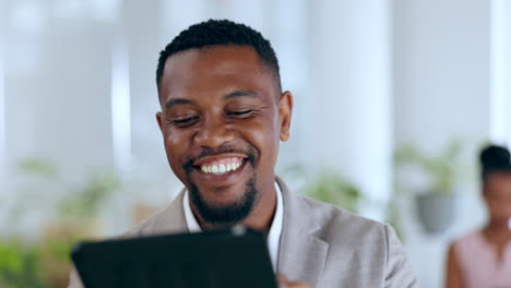 Happy,-typing-and-a-black-man-with-a-tablet