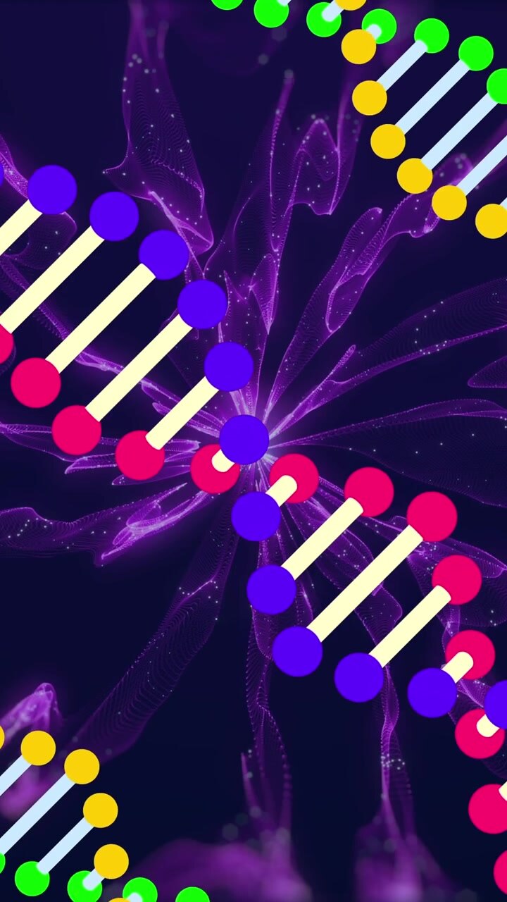 Animazione di forme in movimento e filamenti di DNA su sfondo nero
