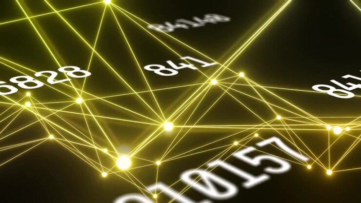 Camera panning, glowing yellow mesh pulsing, relinking while white numbers scrolling to reveal data