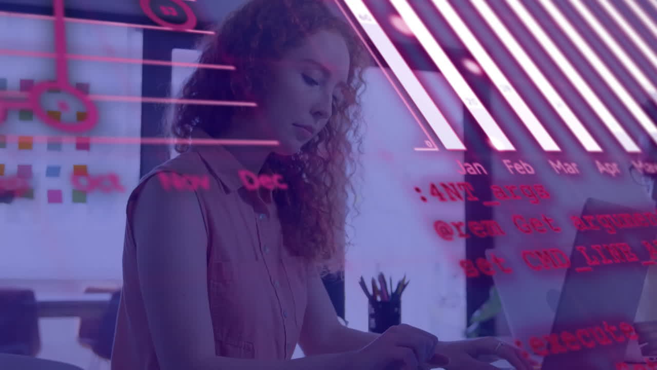 animación del procesamiento de datos financieros sobre una mujer de negocios caucásica que usa una computadora portátil en la oficina