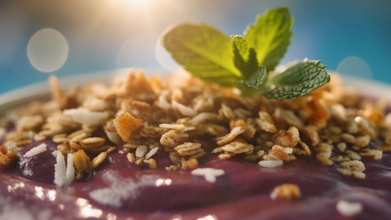 Tampak Dekat Mangkuk Acai Segar dengan Granola dan Daun Mint