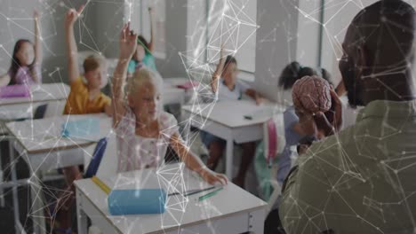 animation of networks over african american male teacher with model brain talking to pupils in class