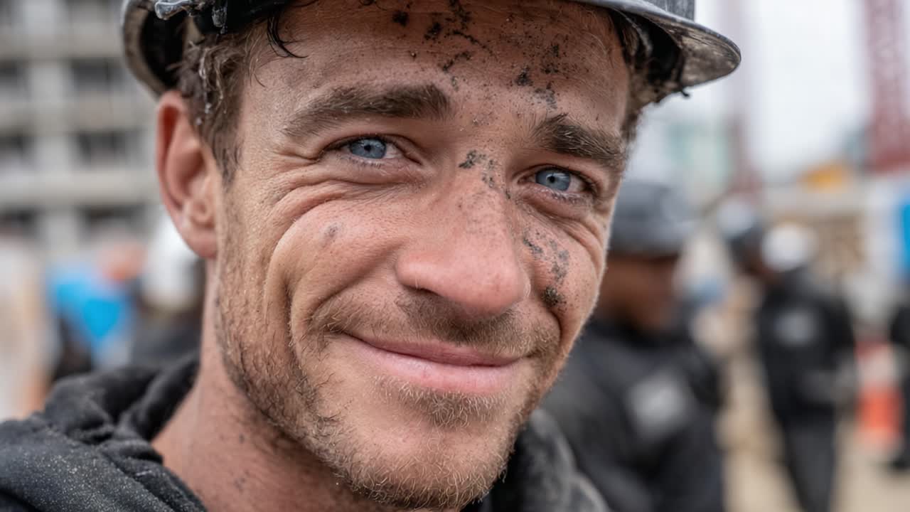 Ein lächelnder Bauarbeiter: Die Widerstandsfähigkeit und Arbeit von Arbeitskräften im Außendienst einfangen, trotz der Herausforderungen, denen sie auf der Baustelle begegnen