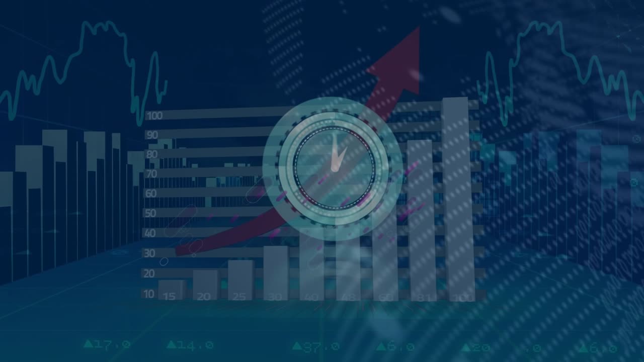 Animation of moving clock and purple lines over data processing with graph on black background