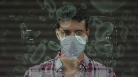 animación de células de covid-19 moviéndose sobre un hombre con una máscara facial
