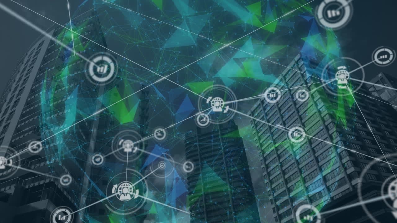 Animation of network of connections with icons over cityscape