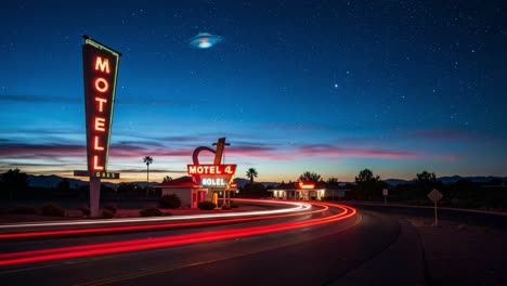 a captivating night view of a retro motel under a starry sky with enigmatic cosmic phenomena – a unique experience of nature and nostalgia in perfect harmony