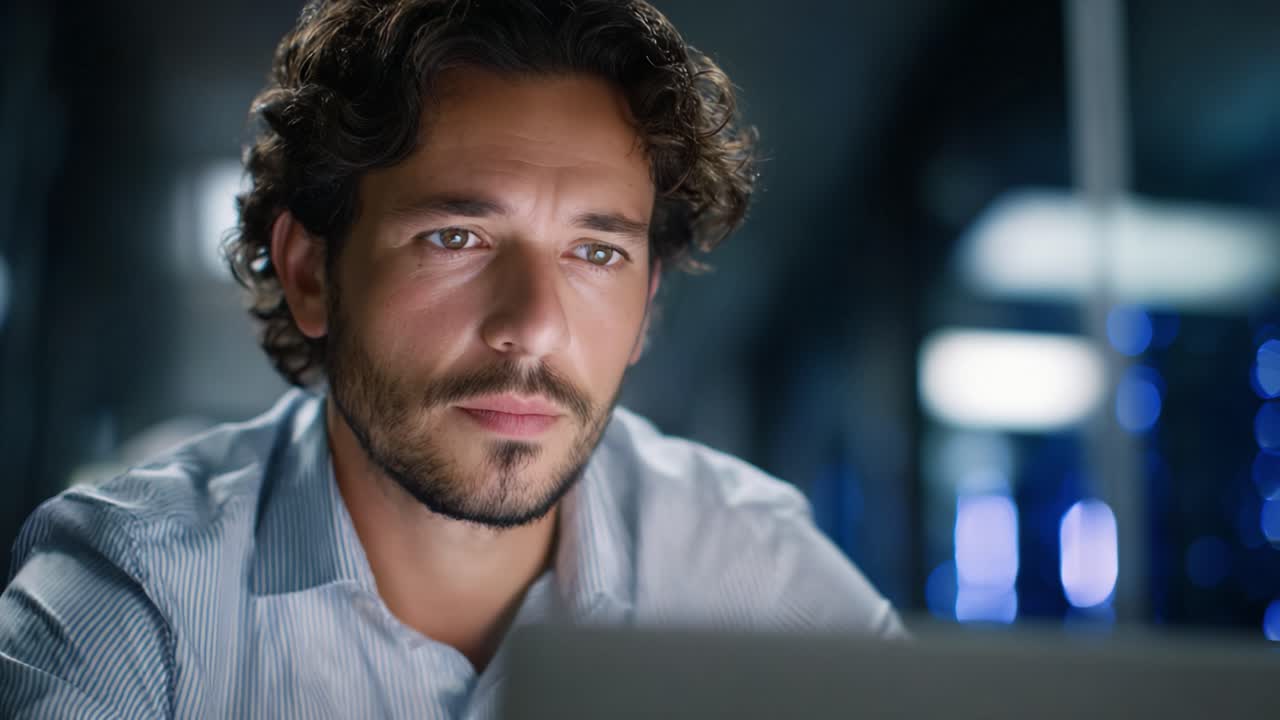 Intense Focus: A Young Man Deep in Thought While Working on a Laptop in a Modern Office Environment Captured in Two Frames of a Video Sequence