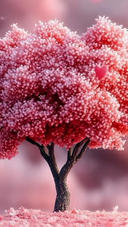 pink tree, hearts in sky. a pink flowering tree stands in a dreamy landscape filled with floating hearts and soft clouds at sunset.