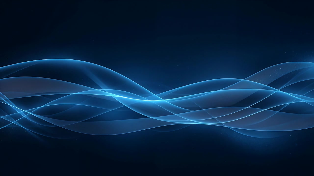 Playback starting, animating translucent blue ribbons across navy backdrop, emitting glowing specks