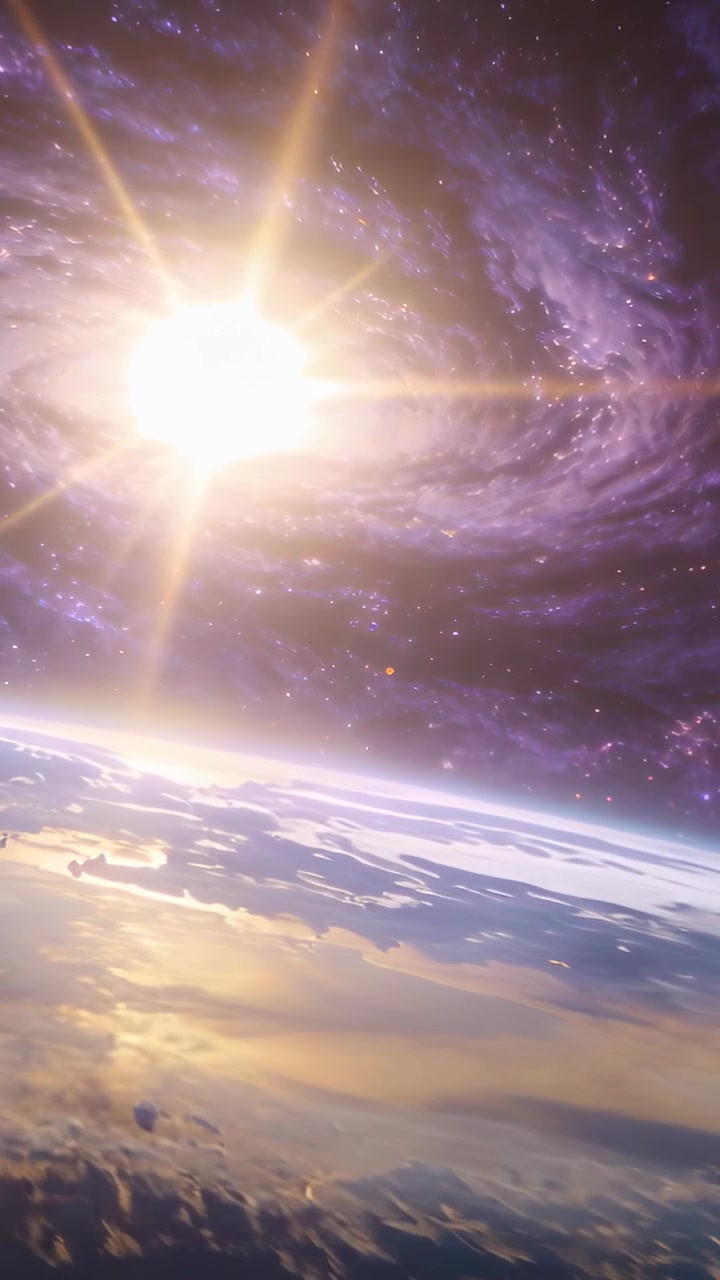 Vertical video: Tilting camera revealing bright core and purple spiral above planet limb for study