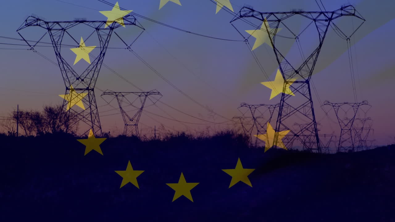 анимация флага европейского союза над электрическими столбами в поле при заходе солнца