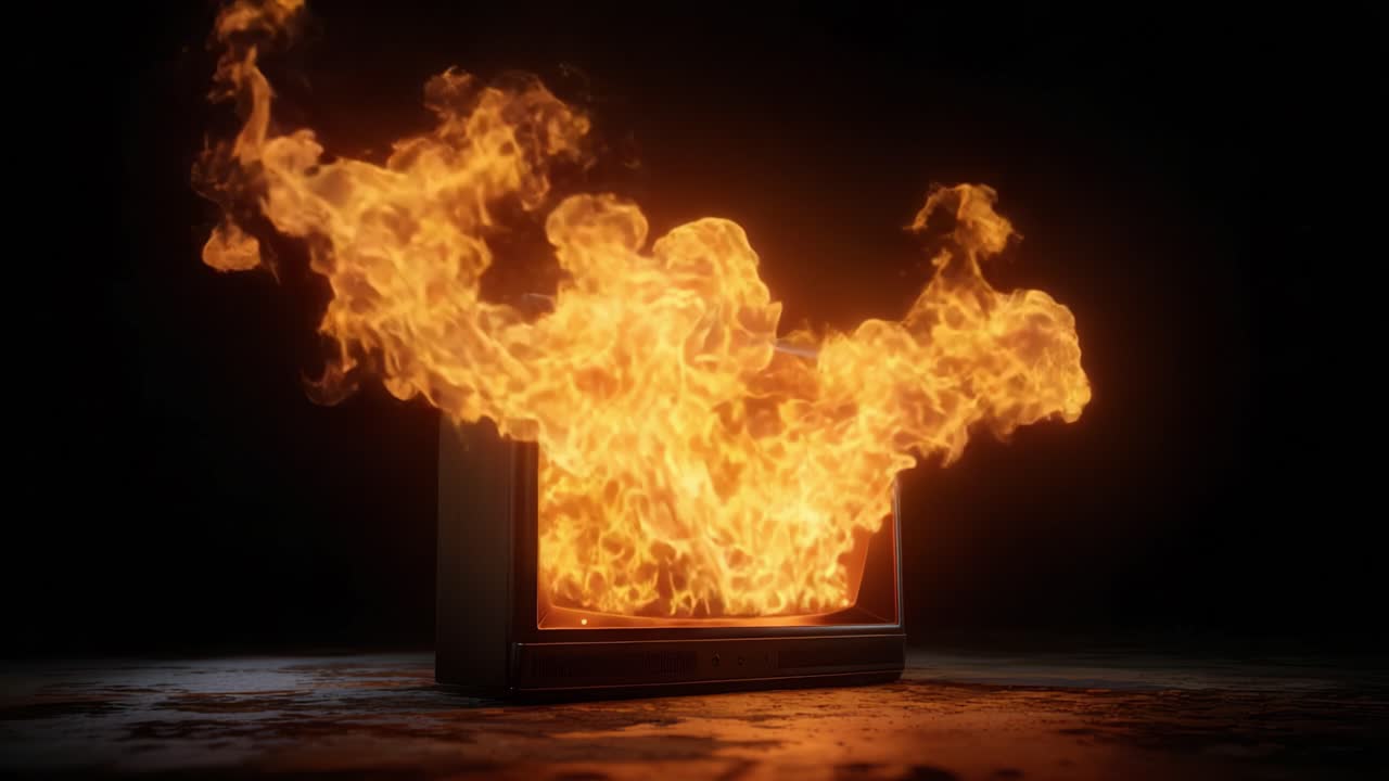 Dynamisk billede af en brændende tv-skærm med flammer, der bryder ud indefra, fanger intens varme og dramatiske lyseffekter i et mørkt miljø