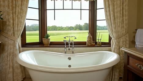 a bathroom with a large window and a bathtub