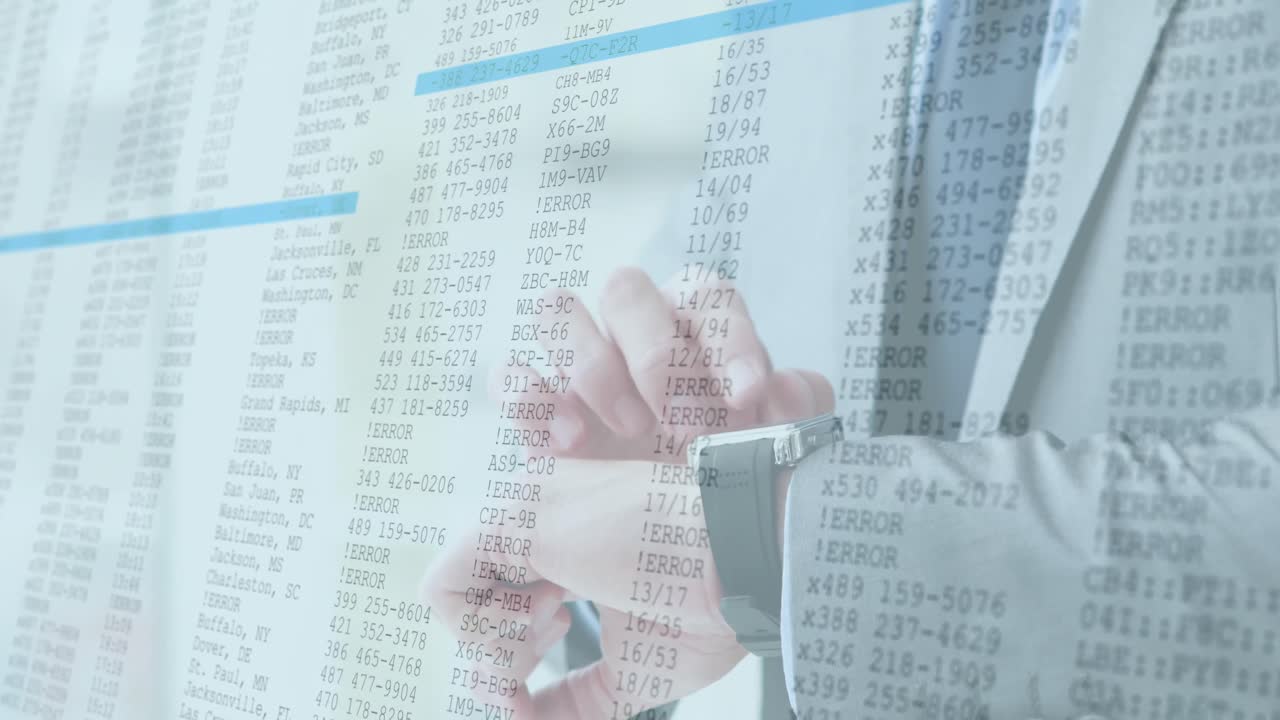 스크린 배경에서 스마트 워치를 확인하는 사람과 함께 데이터 처리 애니메이션