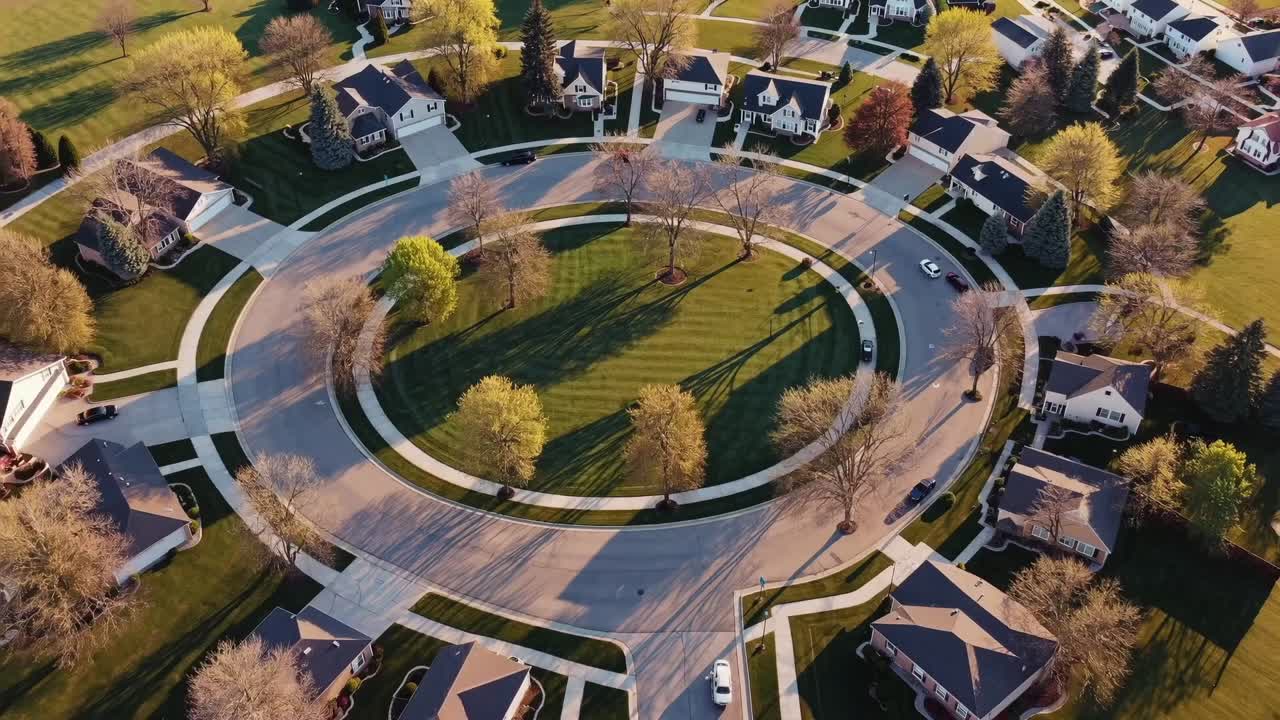 Aerial view of a serene suburban neighborhood showcasing a circular street with lush greenery, vibrant trees, and well-maintained homes, capturing the essence of peaceful community living
