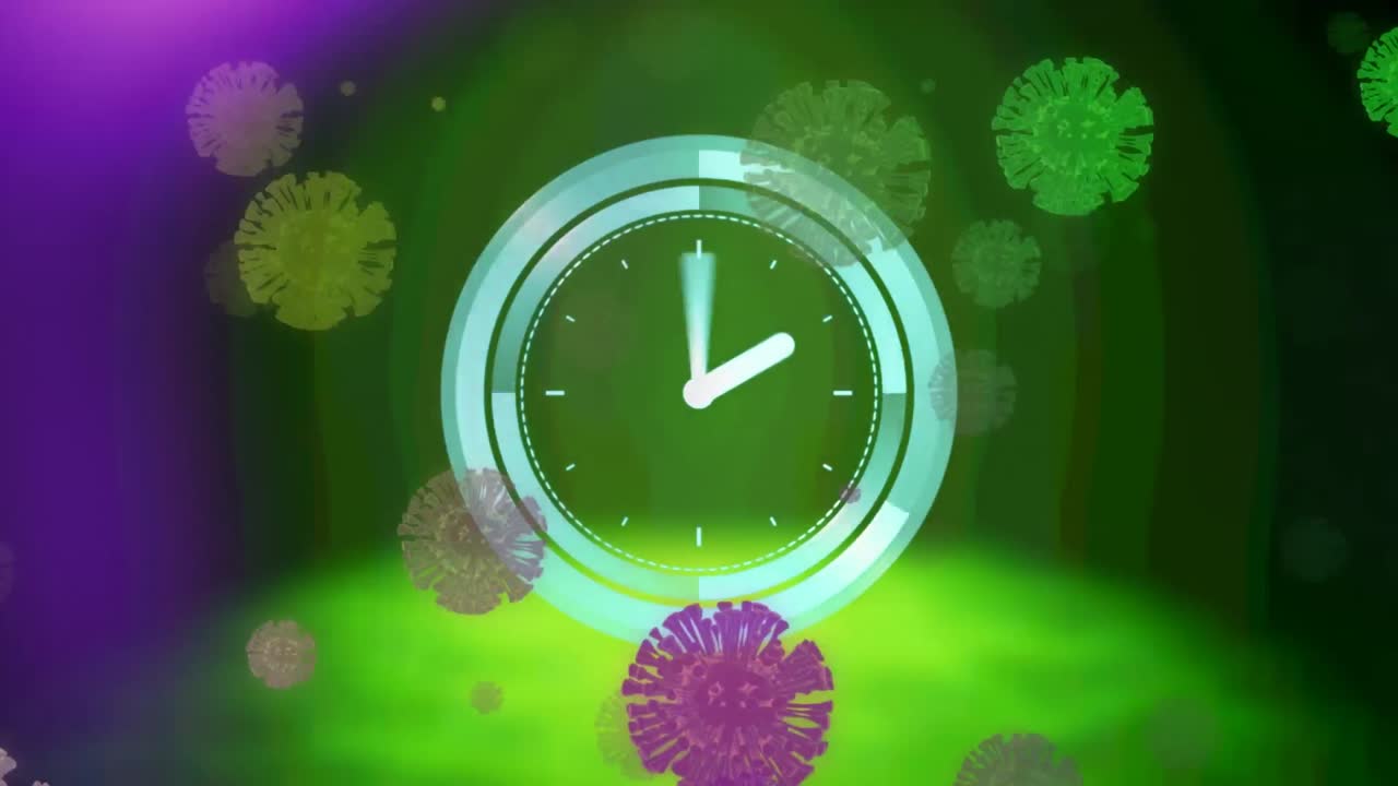 múltiples células de covid-19 flotando sobre un reloj digital azul de neón haciendo tictac frente a un fondo verde