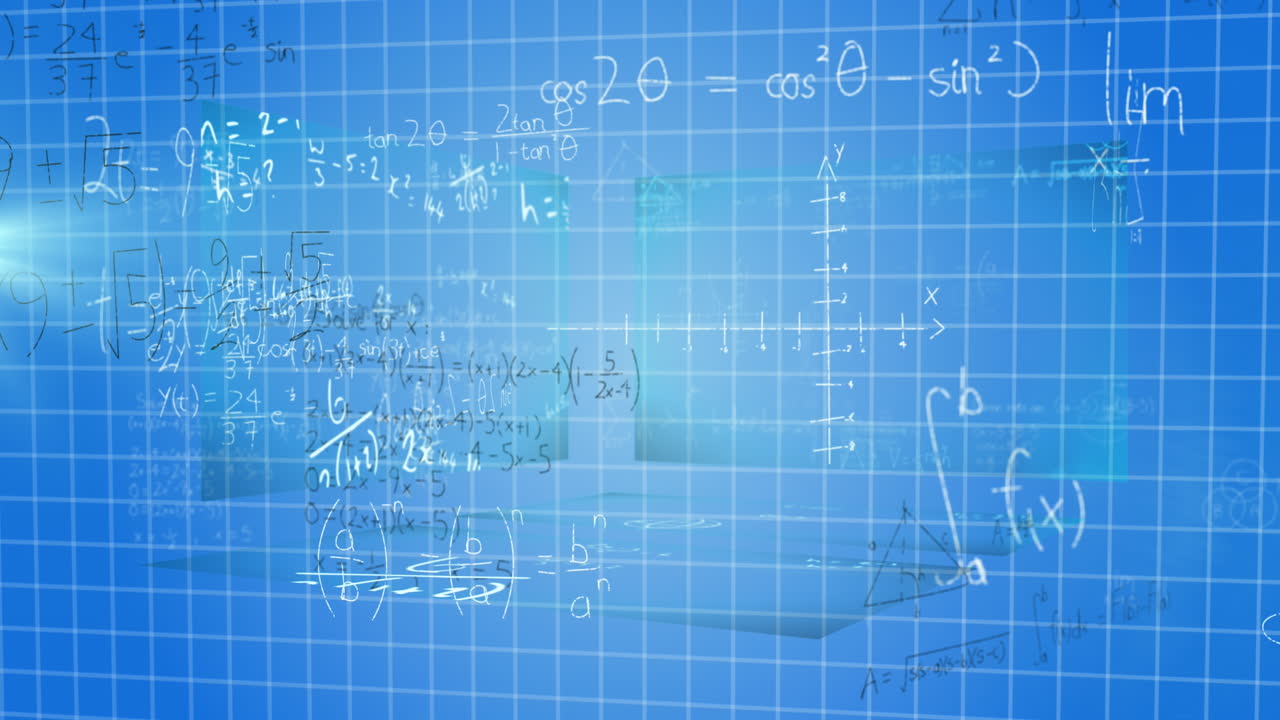 파란색 배경에 그리드 네트워크를 통해 수학 방정식과 함께 화면의 디지털 애니메이션