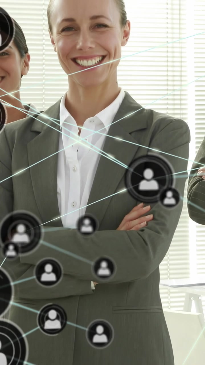 Vertical video: Center woman circular UI popping over torso linking icons and showing tech network