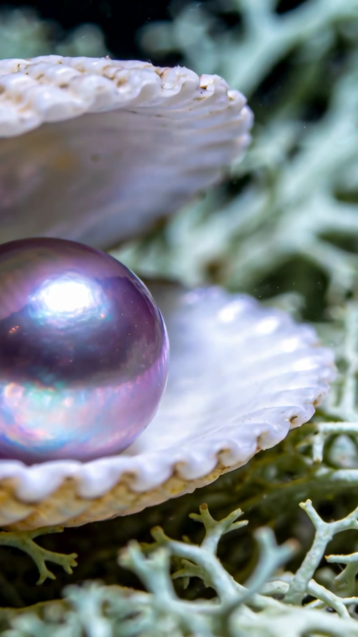Vertical video: Purple pearl resting in shell on moss, cam nudging and glare shifting for jewelry
