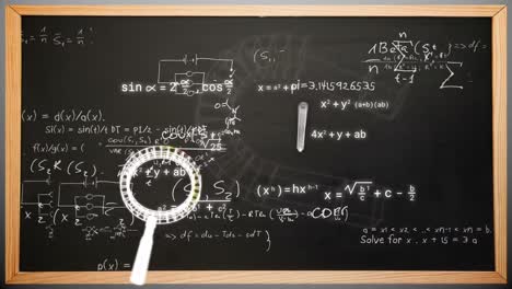 animación de íconos y ecuaciones matemáticas sobre tablero negro