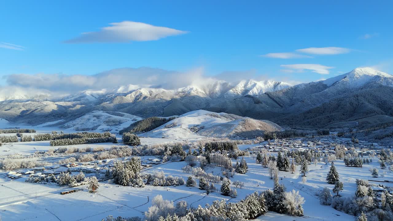 Snowy village in New Zealand Hammer Springs region with Mount MiroMiro and Isobel covered in white during sunrise, scenic winter landscape and fresh snow