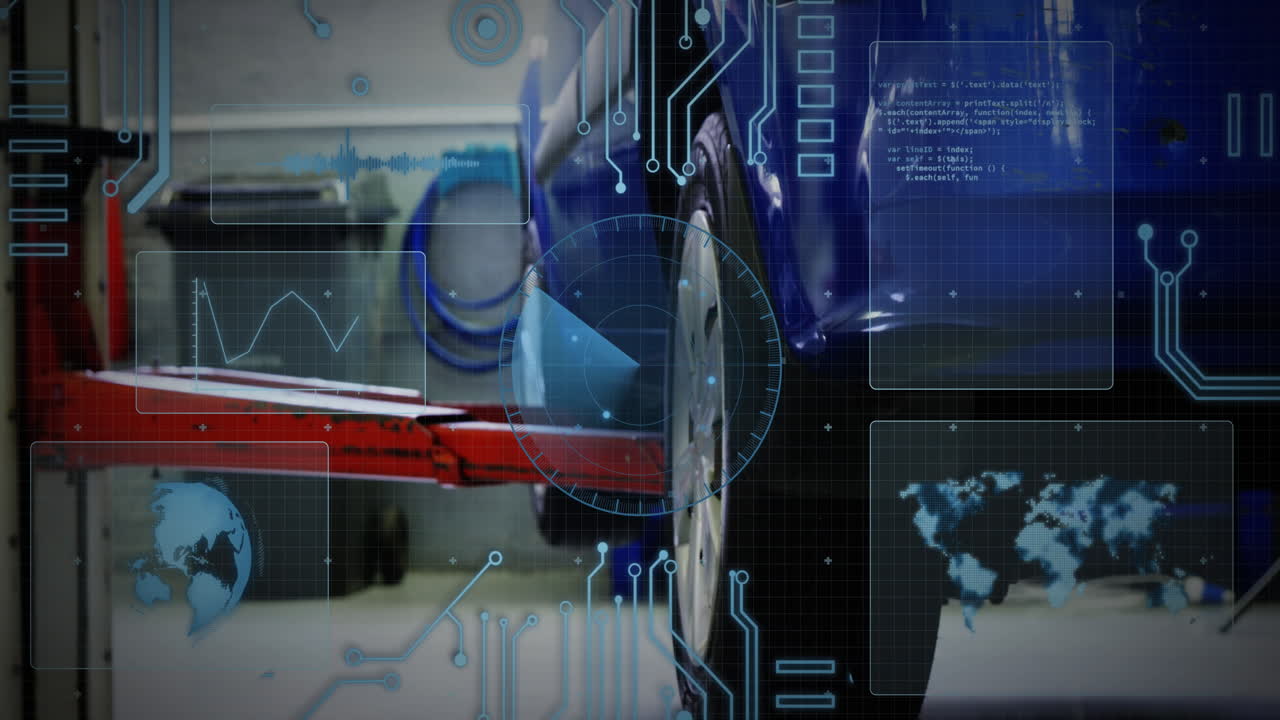 그래프, 레이더, 지구, 지도의 애니메이션 엘리베이터에서 창고에서 자동차를 수집