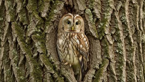 a majestic owl perches calmly within the intricate texture of a rugged tree trunk, showcasing its beautiful plumage and keen gaze while surrounded by nature's artistry