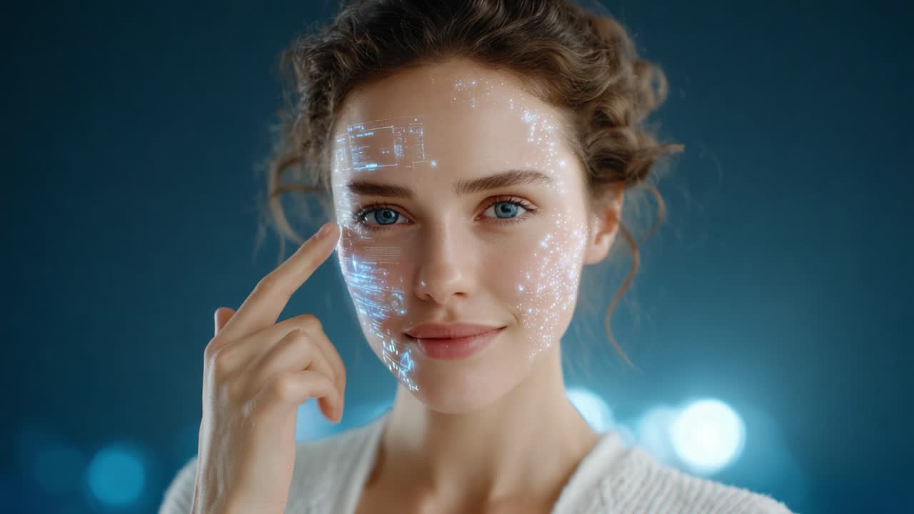 Fütüristik bir güzellik inovasyonu, bir kadının görünümünü gelişmiş holografik teknoloji aracılığıyla dönüştürmesiyle cilt bakımı olanaklarını ortaya koyuyor ve güzelliği dijital sanatla birleştiriyor.