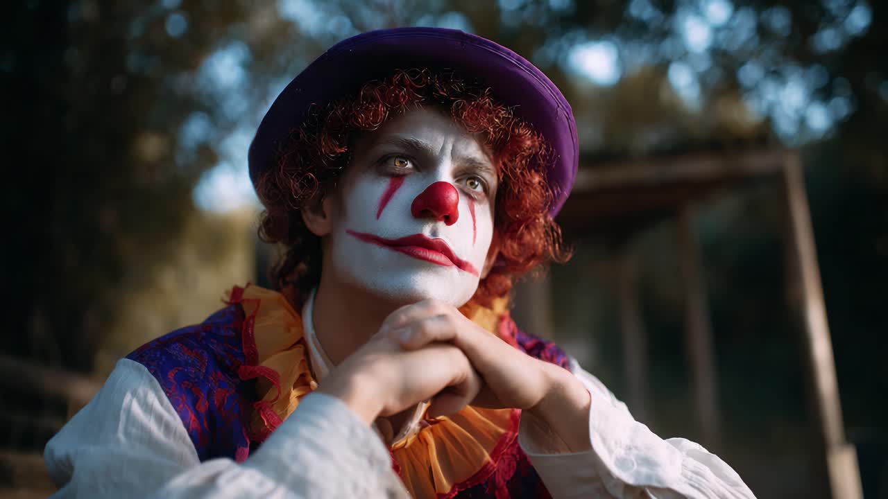 A captivating portrait of a clown with vibrant makeup and a colorful costume, showcasing a brooding expression against a blurred natural background