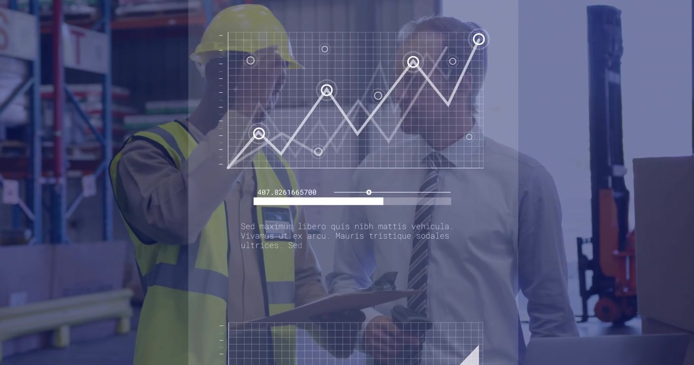 Worker with clipboard pointing at HUD while manager tapping device initiating charts for logistics