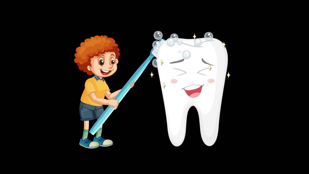 Animated boy brushing large cartoon tooth with foam, expressive reactions, on solid black background