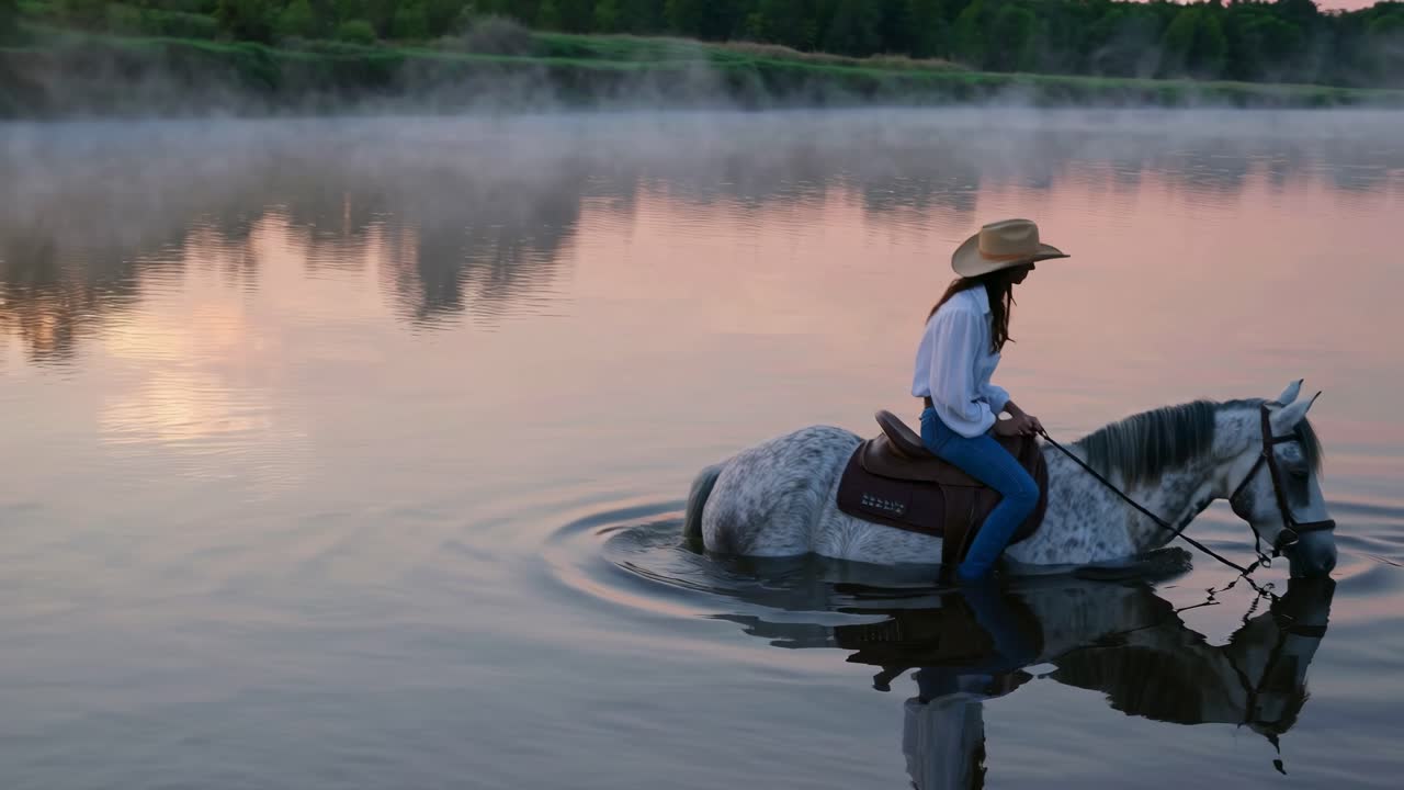 Woman horseback riding in a misty river at sunrise