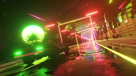 car and city in neon style. 80s retro wave background 3d animation. retro futuristic car drive through neon city. 3d render of seamless loop